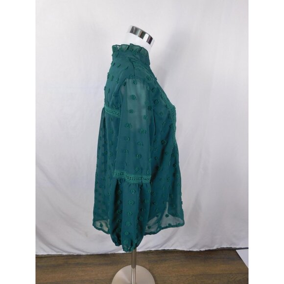 Swiss Dot Blouse Womens Medium Green Sheer Chiffon Ruffle Neck Boho Lace Trim - Picture 7 of 10